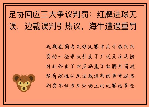 足协回应三大争议判罚：红牌进球无误，边裁误判引热议，海牛遭遇重罚原因揭秘