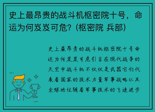 史上最昂贵的战斗机枢密院十号，命运为何岌岌可危？(枢密院 兵部)