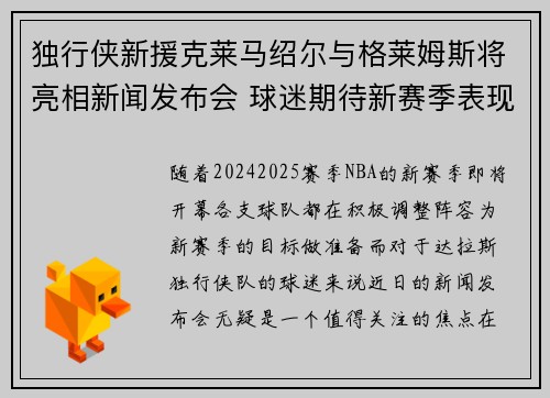 独行侠新援克莱马绍尔与格莱姆斯将亮相新闻发布会 球迷期待新赛季表现