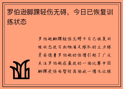 罗伯逊脚踝轻伤无碍，今日已恢复训练状态
