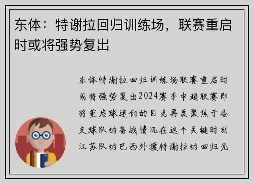 东体：特谢拉回归训练场，联赛重启时或将强势复出