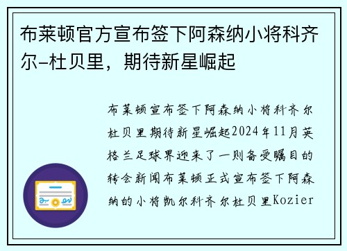 布莱顿官方宣布签下阿森纳小将科齐尔-杜贝里，期待新星崛起